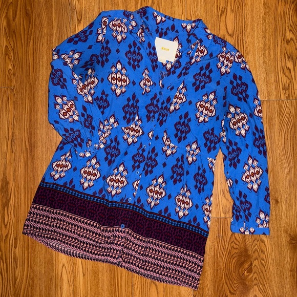 Maeve by Anthropologie Woodland Walk Button Down Blouse in a Blue Geometric - Picture 5 of 8